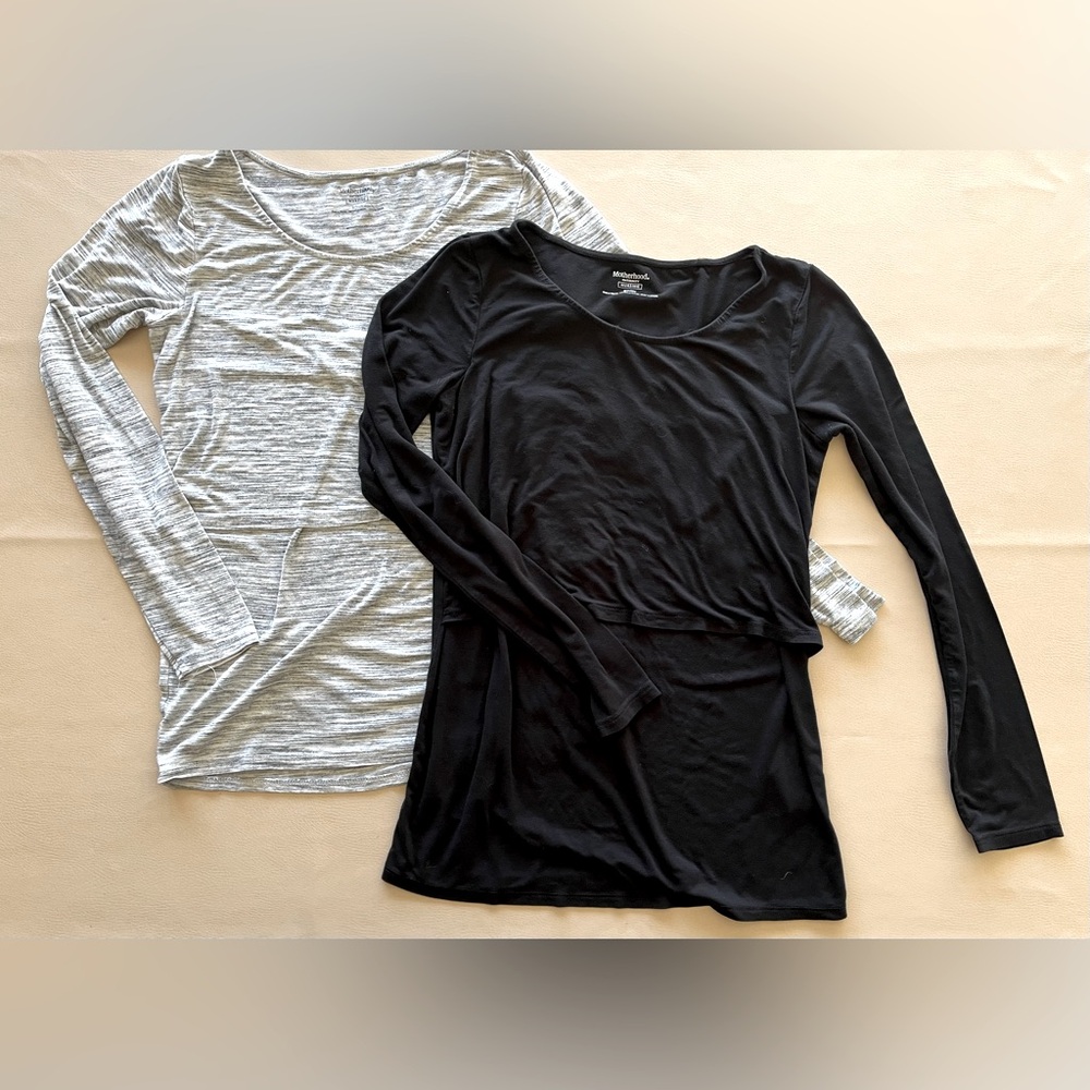 TWO long sleeve nursing tops, one space dyed/heathered grey and one black